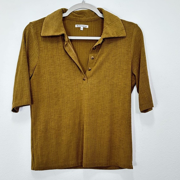 Reformation Tops - Reformation Ribbed Knit Button Front Polo Blouse Shirt Mustard Brown Size M